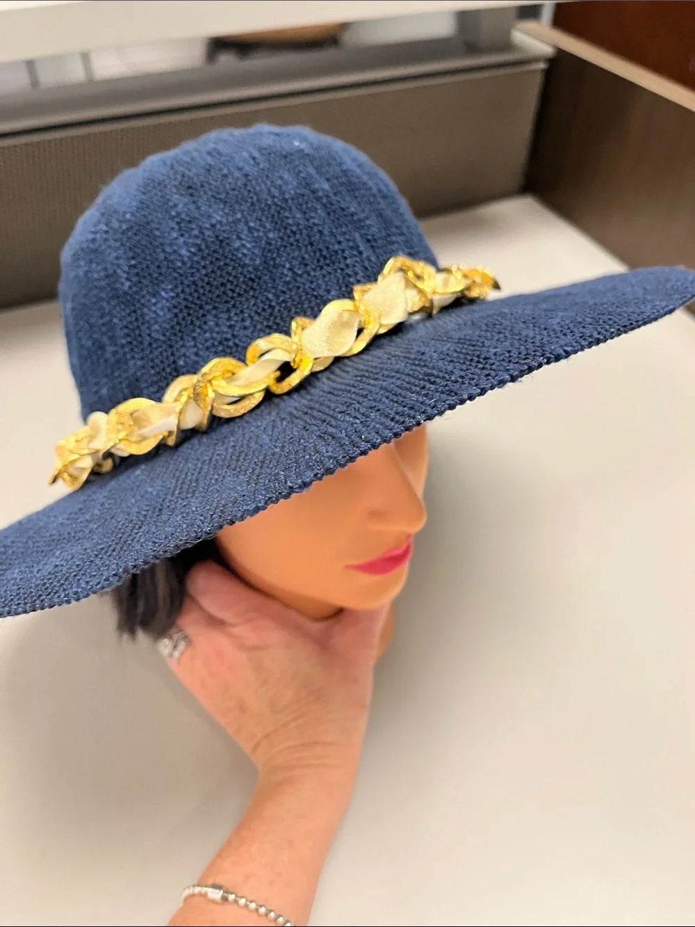 Marcus Adler Women’s Navy Straw like Wide-Brim Hat Gold Chain Trim